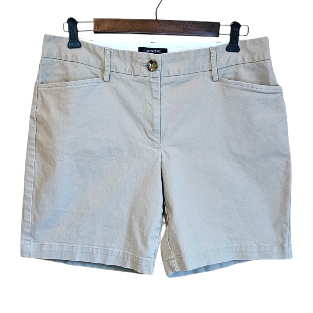 Lands' End Size 8 Khaki Beige Mid Rise Stretch Cotton Chino Shorts